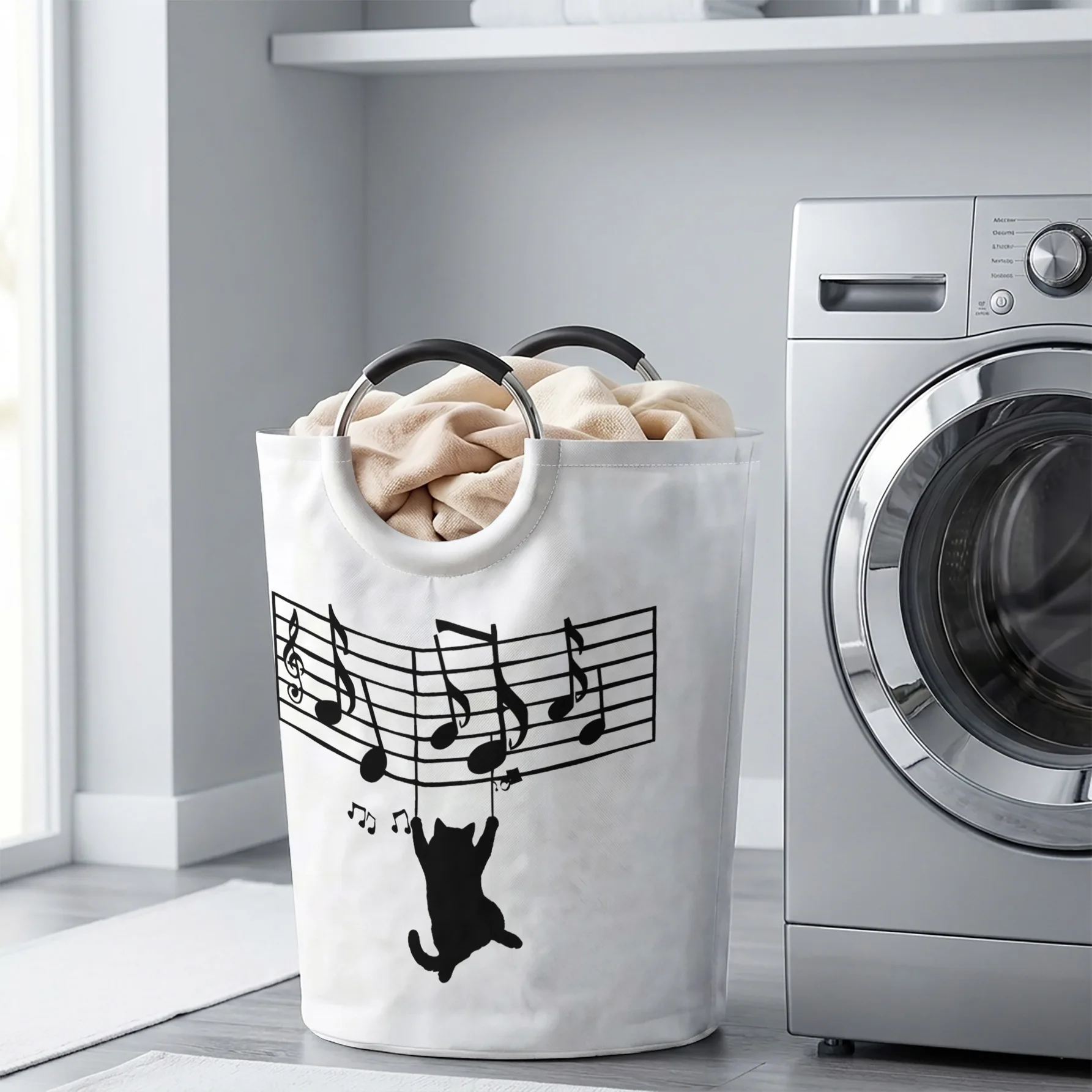 Music Note Black Cat Print Handheld Storage Basket, For Laundry, Bedroom & Home Sundries Storage
