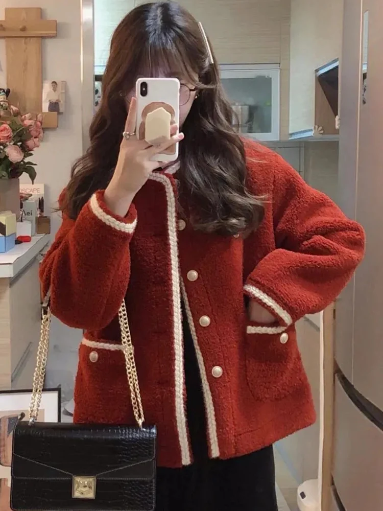 

Zoki Red Faux Lamb Sweet Coat женское корейское зимнее теплое пальто с длинным рукавом винтажная повседневная куртка с круглым вырезом элегантные жемчужные пуговицы милые топы