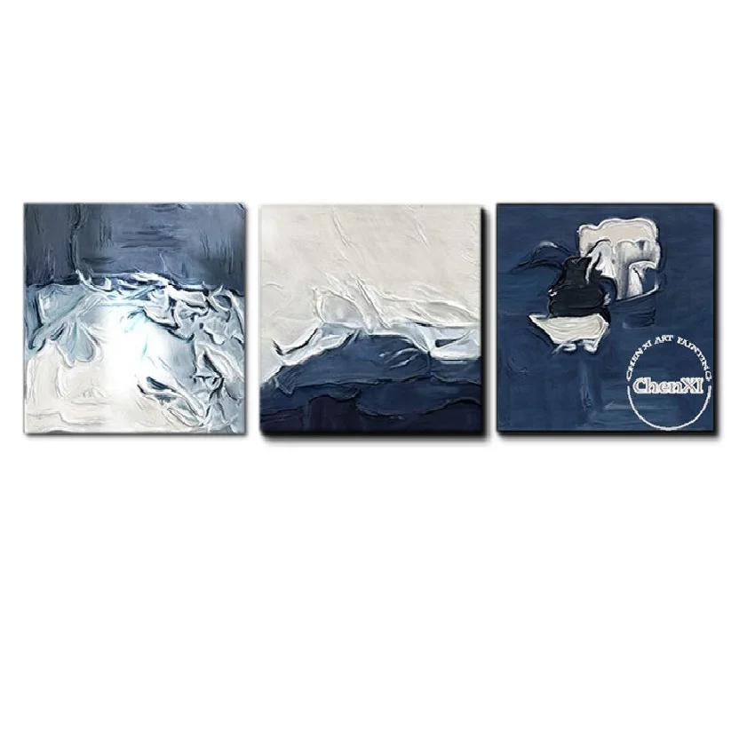 

Hot Sale White Blue Abstract 3PCS Oil Painting On Canvas Handmade Mural Modern Wall Art Picture Living Room Decoration Unframed