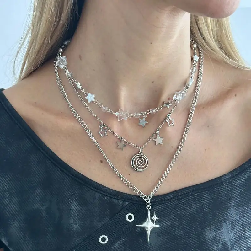 Punk Rock Vortex Star Pendant Layered Necklace Anti-Fade Silver Chain for Men Women Concert Music Festival Wear