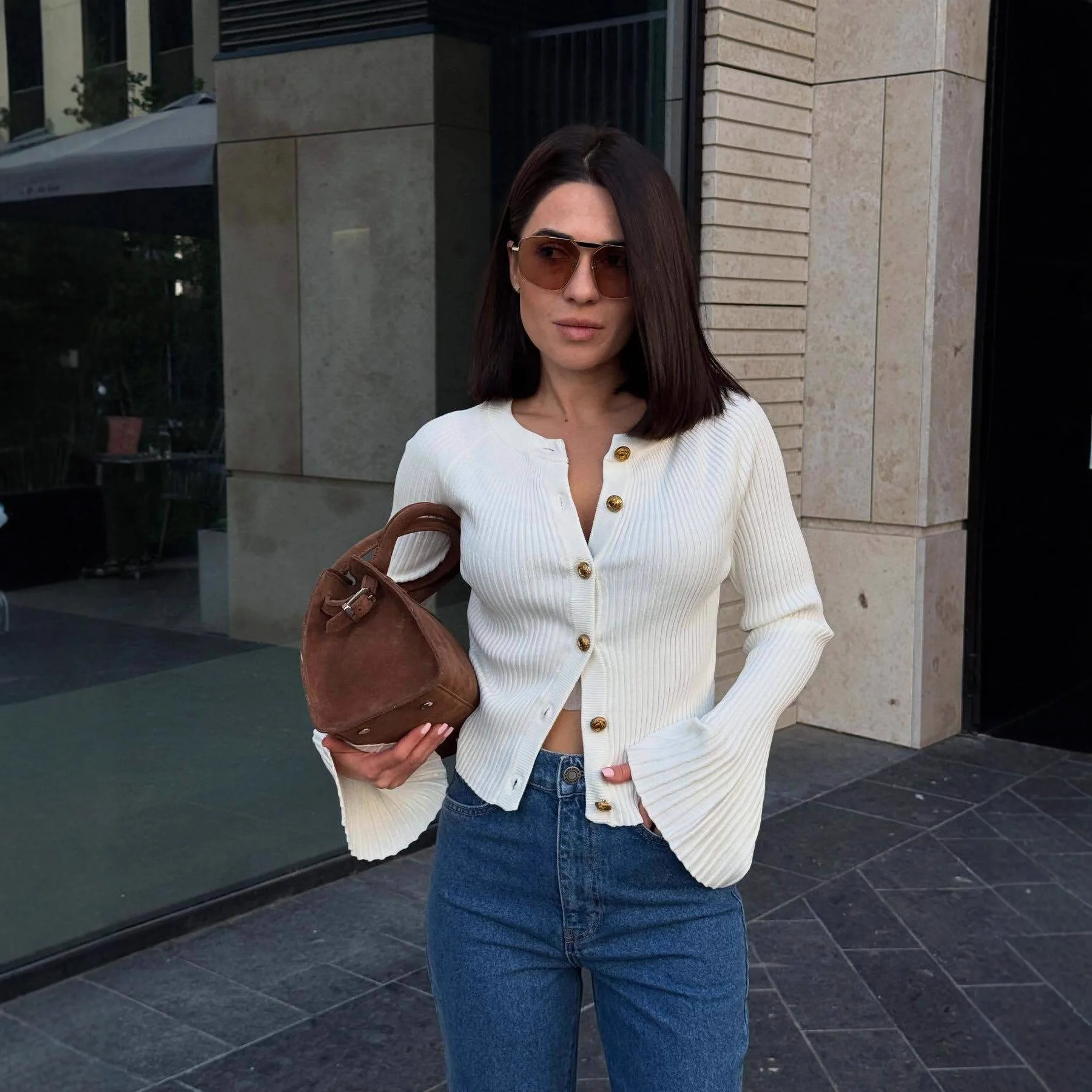 

2025 Autumn Winter Long Sleeve Knitted Cardigan For Women Solid Rib Single Breasted Sweater Slim Fashion Female Knit Top