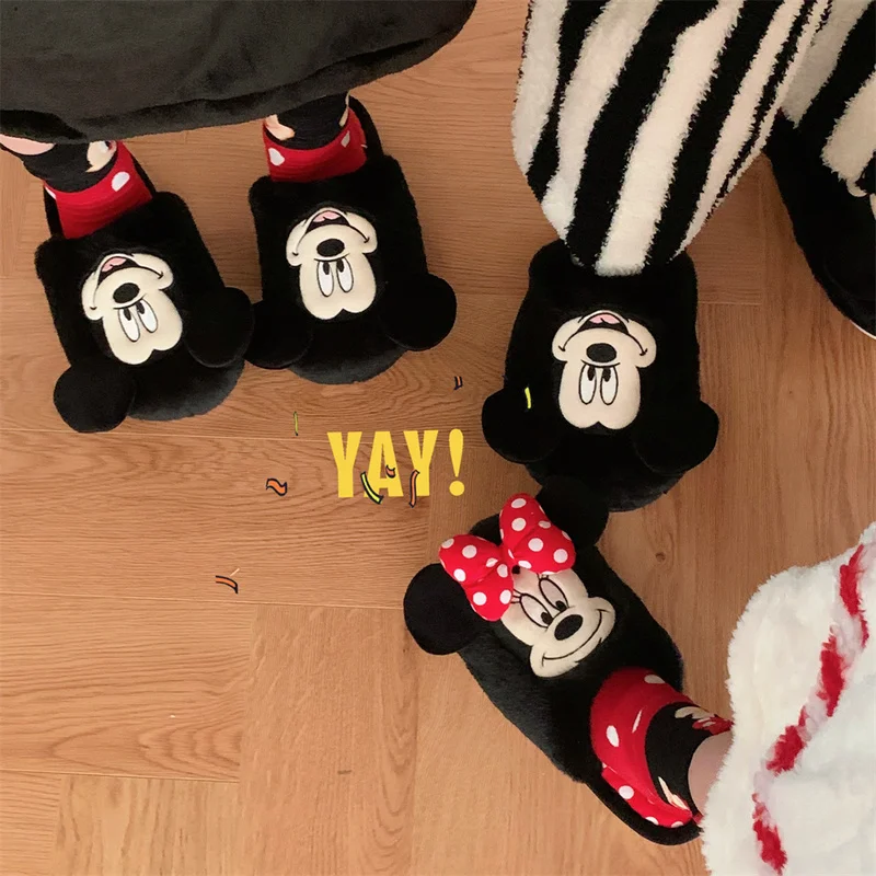 2024new Disney Cute Cartoon Image Mickey Minnie Ins Style Plush Slippers Winter Lovers Household Dormitory Warm Cotton Shoes