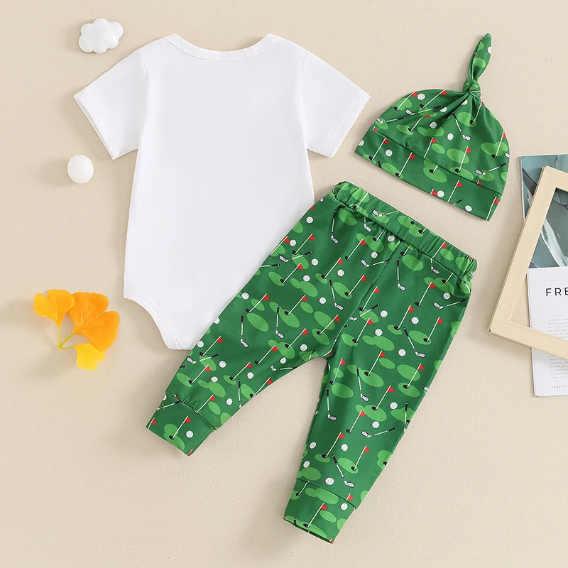 Summer Baby Boys Outfits Letter Print Crew Neck Short Sleeve Rompers Golf Print Long Pants Hat 3Pcs Clothes Set