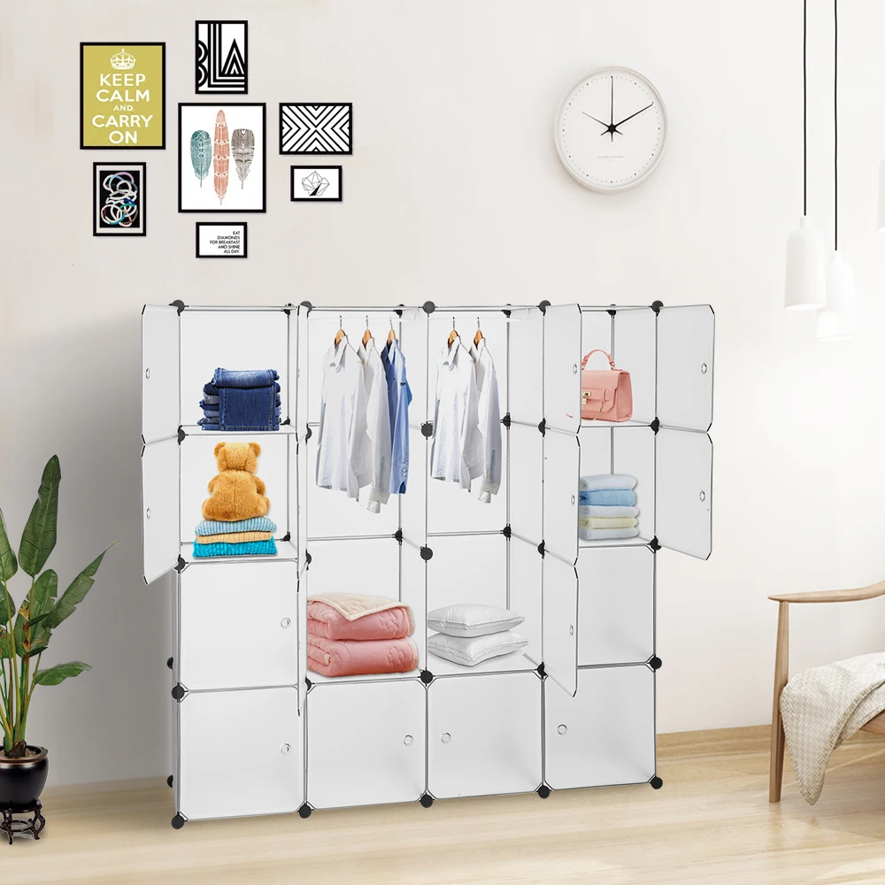 

16 Cube Wardrobe CubbyShelvingStorageCubesDrawerUnitDIY ModularBookcaseClosetSystemCabinetwithDoorsforClothes, ShoesToysWhite