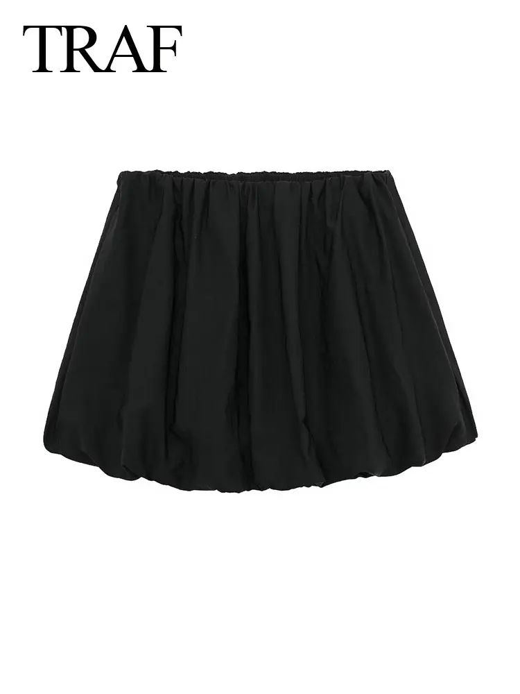 

TRAF 2024 Spring Women's Fashion Short Skirt A-Line Solid Elastic Mid-Waist Mini Lantern Skirts Elegant Wild Female Casual Skirt