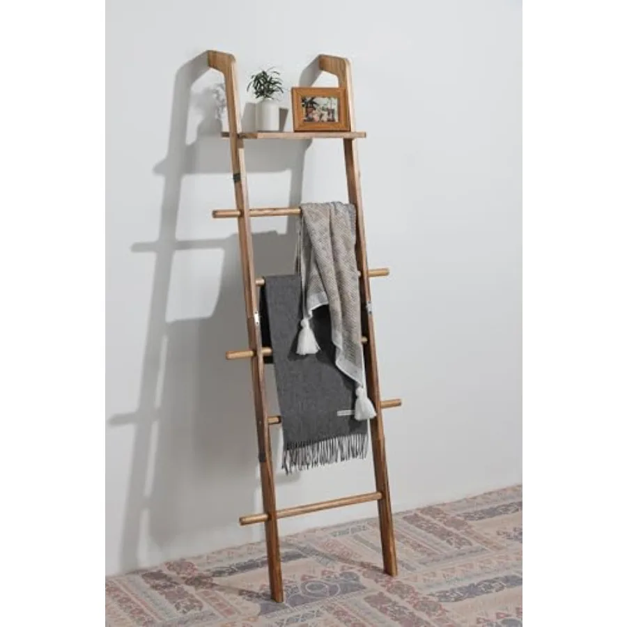 

Деревянная 5-ярусная лестница-стеллаж в стиле фермерского дома с полкой и крючками, настенная декоративная лестница для гостиной и спальни