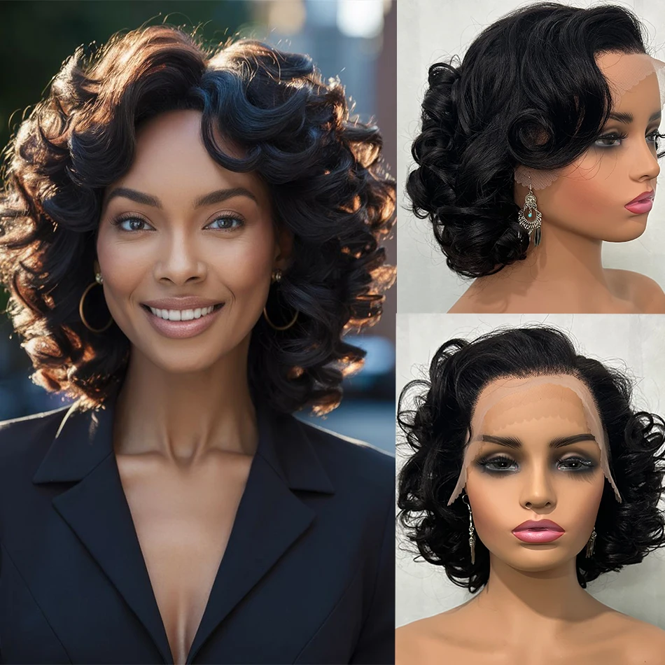 

100% Human Hair Bouncy Curly Wear and Go Glueless Wigs 250 Density Pre Plucked 10" Bob Wave 13x4 HD Lace Front Wigs For Women