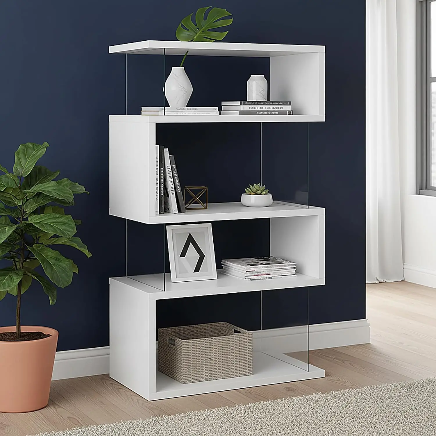 Modern 4-Tier Zigzag Bookshelf White Engineered Wood Glass Panels Geometric Display Case 35.5x63 Inch Storage Unit, Customized