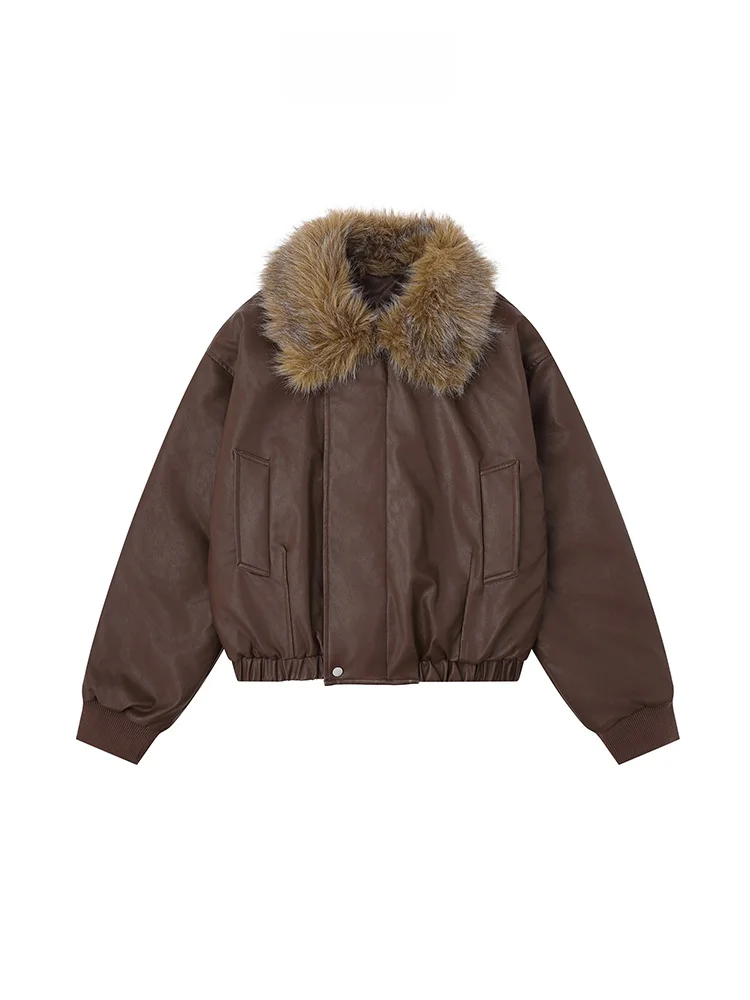 Free Center American Retro Sle ort PU Leather Cotton Jaet with Fur Collar ex Casual Winter Warm Outerwear