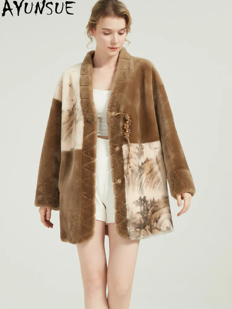 Ayunsue casaco de pele de carneiro natural feminino roupas de inverno meados de comprimento jaqueta de couro genuíno mulher novo em casacos 2025 tinta impressa