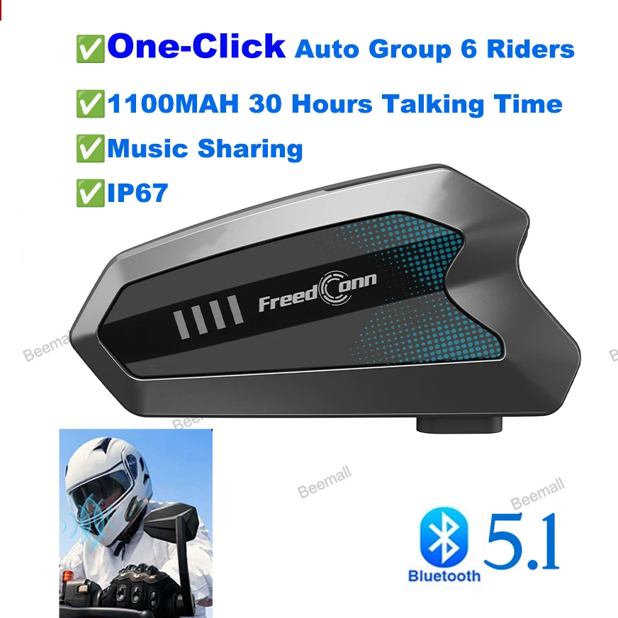 2025 New Freedconn Hero Motorcycle Intercom One Click Auto Group 6 Riders 1500M Interphone Bluetooth 5.1 1100MAH 30 Hours Talkin