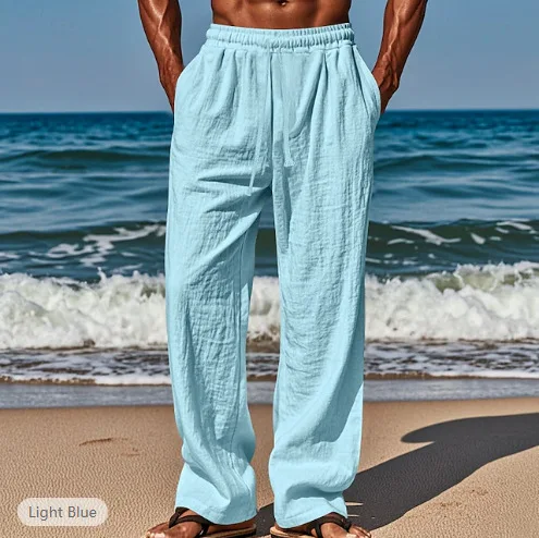 Pantaloni estivi da uomo da spiaggia, vestibilità ampia, solidi, casual, traspiranti, con coulisse, lunghezza intera, tasche a vita media dritte, pantaloni impiombati