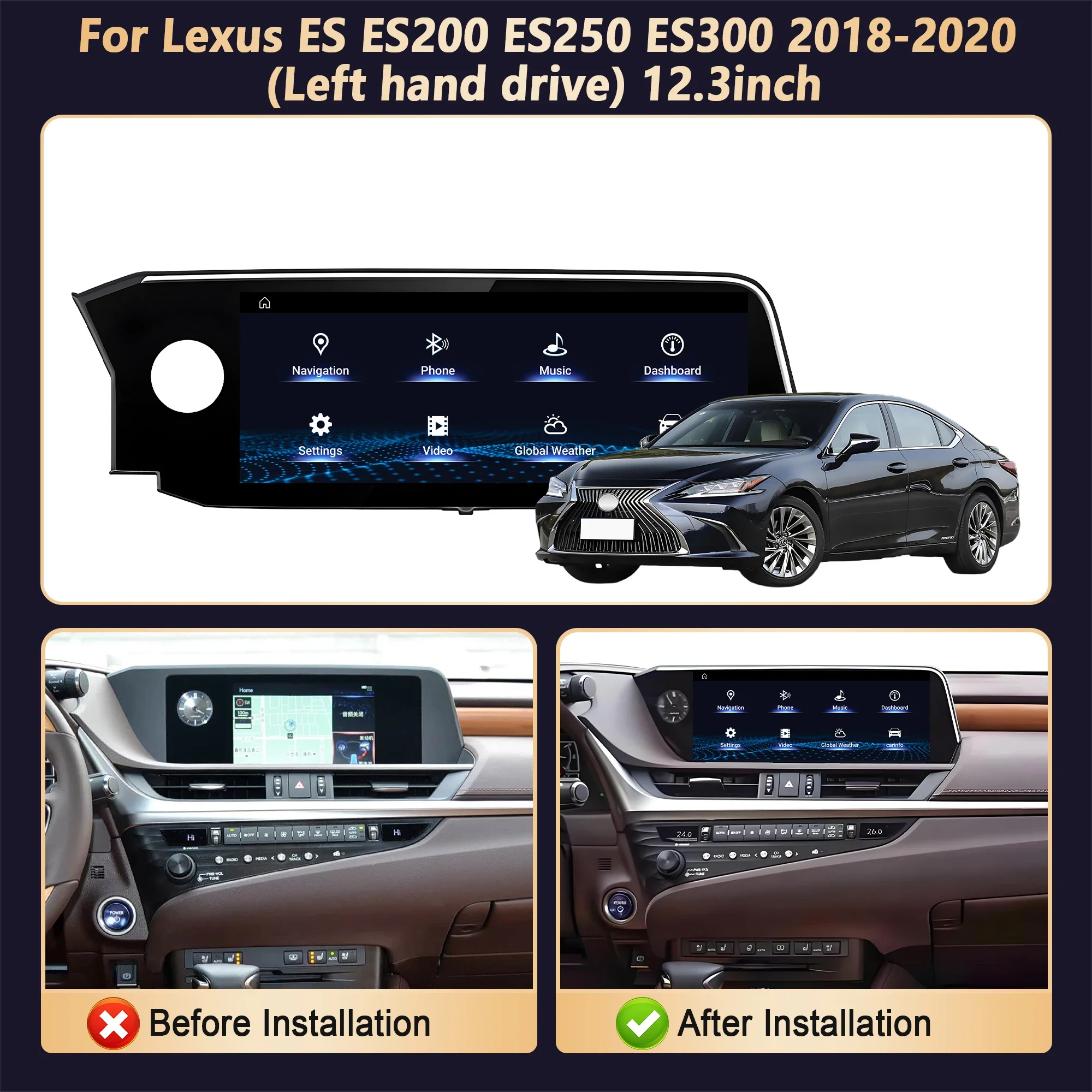 12.3 inch Android 14 Carplay Snapdragon 685 For Lexus ES ES200 ES250 ES300 2018-2020 Car Radio Multimedia Split Screen GPS Navi