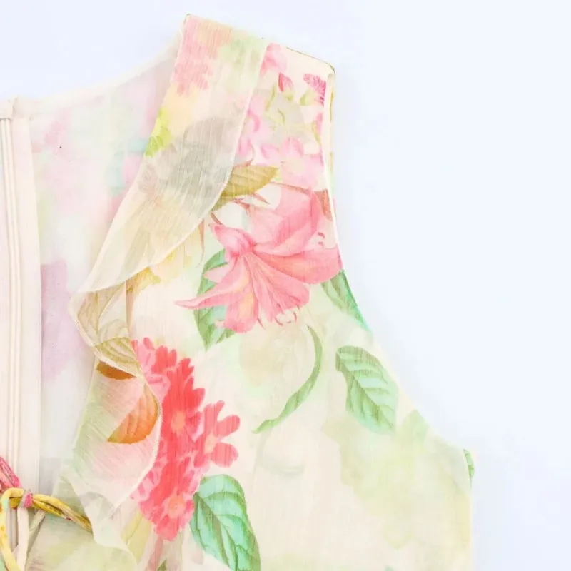 Abito lungo con stampa floreale Donna 2025 Nuova estate elegante scollo a V senza maniche scava fuori abiti longuette Chic Boho Vacanze Abito da spiaggia