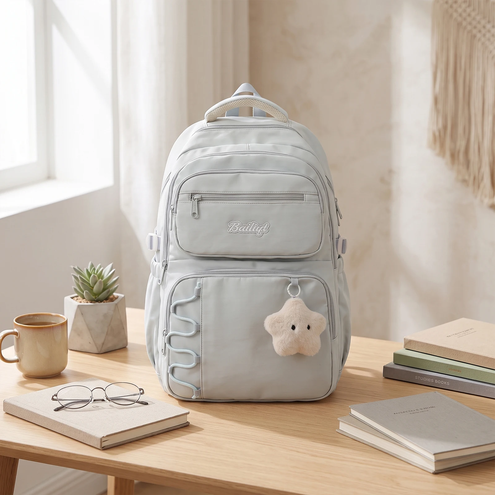 Cute Korean Style Backpack for Young Women Nylon Lightweight Multi-Pocket Travel Bag
