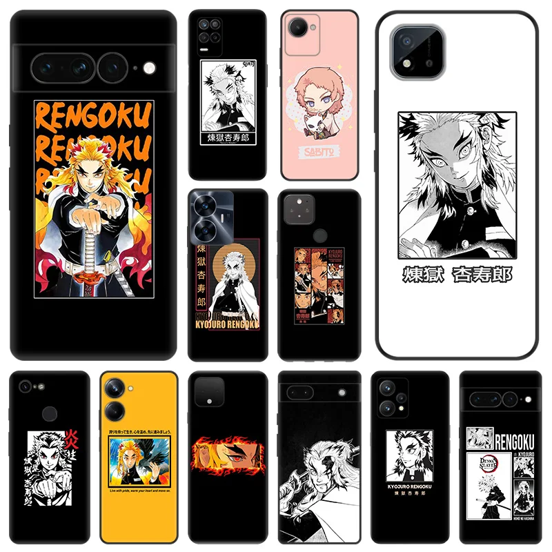 Matte Phone Case for Pixel 8 8a 7 7a 6 6a Moto Edge 20 30 40 Pro OneFusion G200 Rengoku Kyoujurou Demon Slayer Soft Black Cover