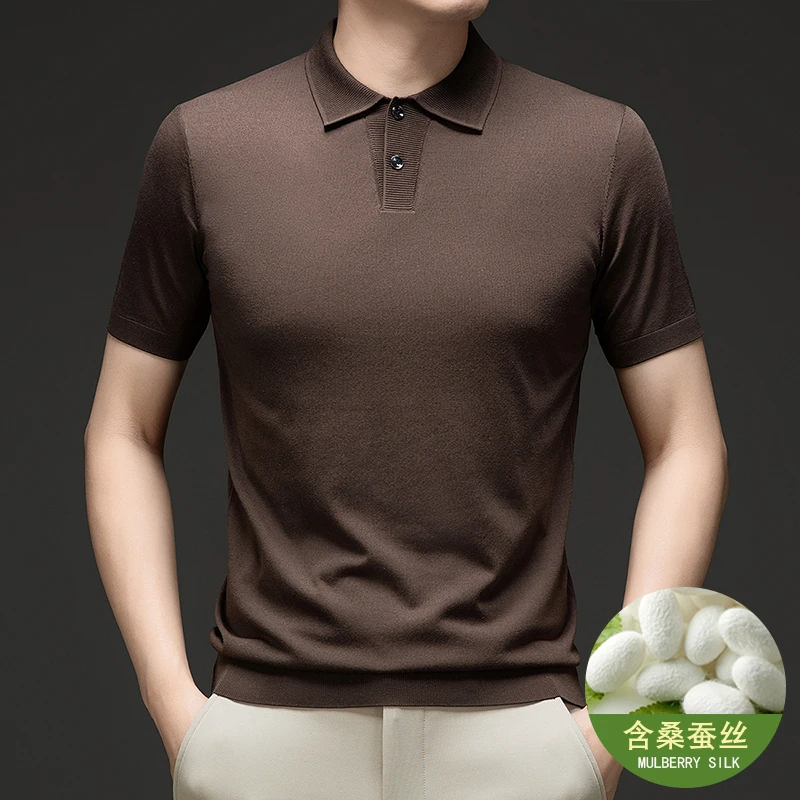 

High Quality Classic Lyocell Knit Polos Summer Solid Mulberry Silk Knit Shirts Thin Turn Down Collar Knitwear Short Sleeved