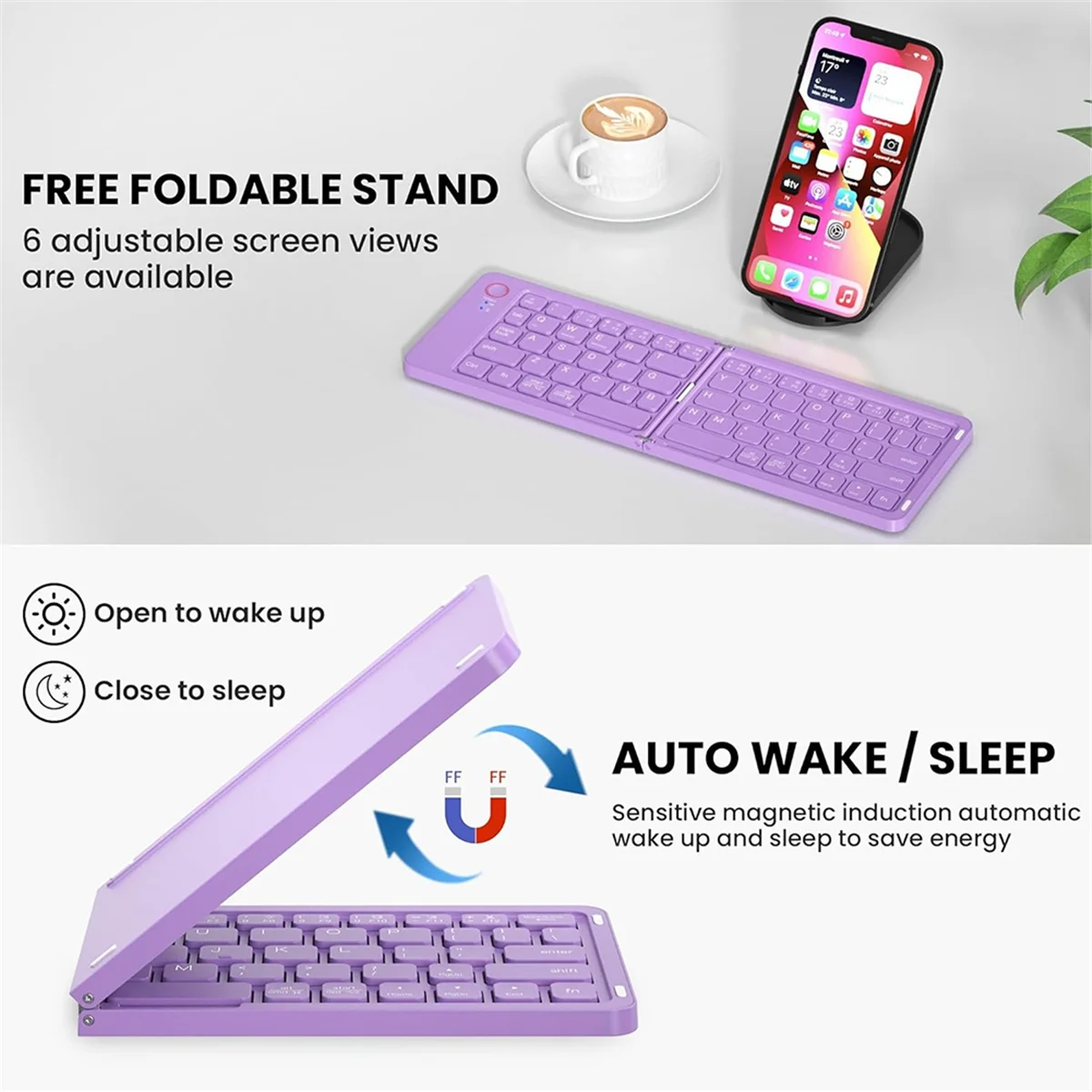 AT-Mini Foldable Bluetooth Wireless Keyboard (Sync Up to 3 Devices), Portable Folding Keyboard for Android
