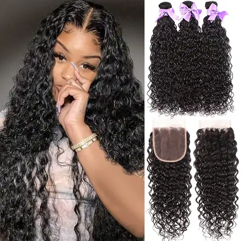Malaysian Water Wave Bundles With Closure Wet and Wavy Curly Human Hair Bundles With Frontal Closure Remy Hair Weave Extensions