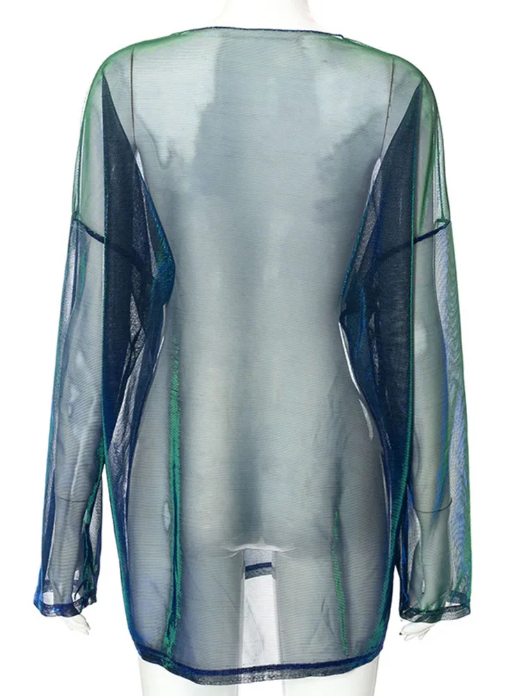 Однотонная прозрачная футболка, женские сексуальные топы, футболка с круглым вырезом и длинными рукавами для женщин, клубная одежда Y2k, эстетические футболки Egirl