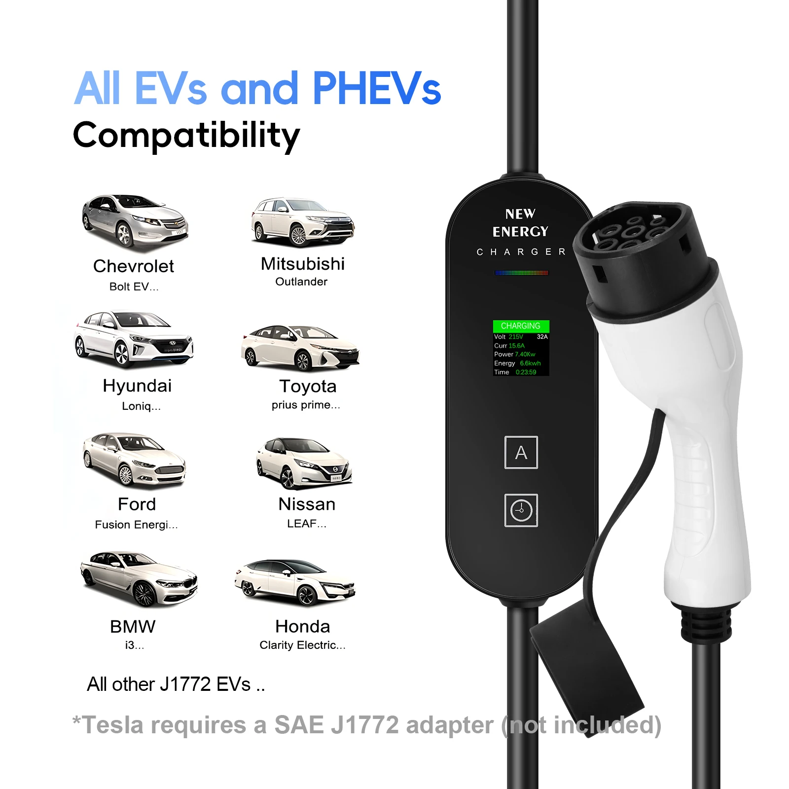 Podofo Type 2 Charging Cable 16A 5M 3.68KW EV Charging Cable, Portable EV Charger Adjustable Electric Car Charger with Screen