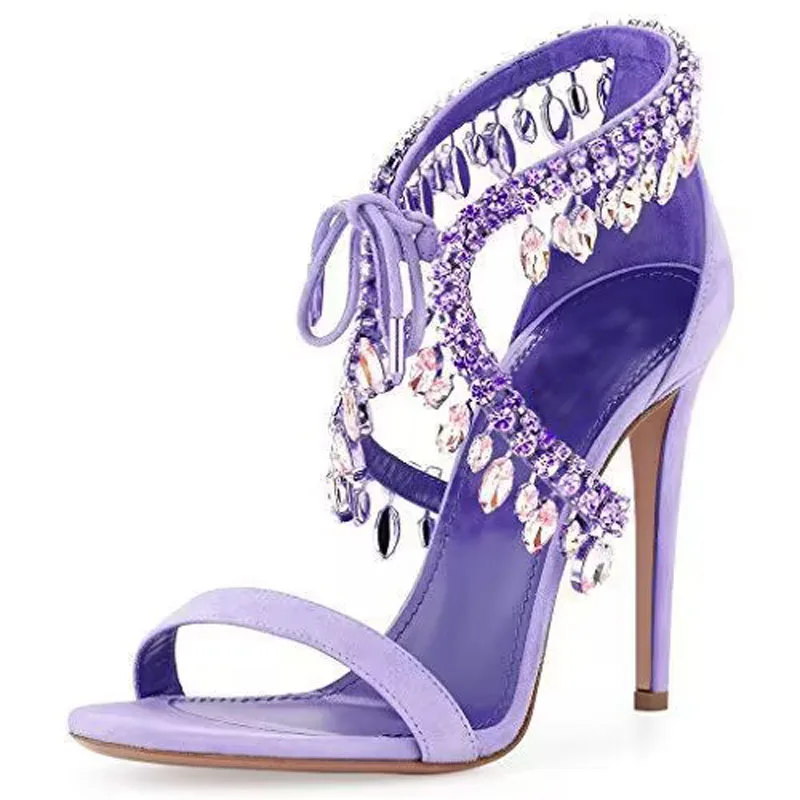 Dazzling Crystal Tassel Sandals Strap Suede Women Summer Shoes Cross Diamond Pendant Side Stiletto Mujer Party 8/10cm Pumps