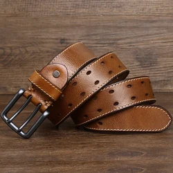 Optique-Ceinture en cuir de vachette véritable pour hommes, designer de luxe, mâle, double broche, haute qualité, sangle de jeans Cowboy, vintage