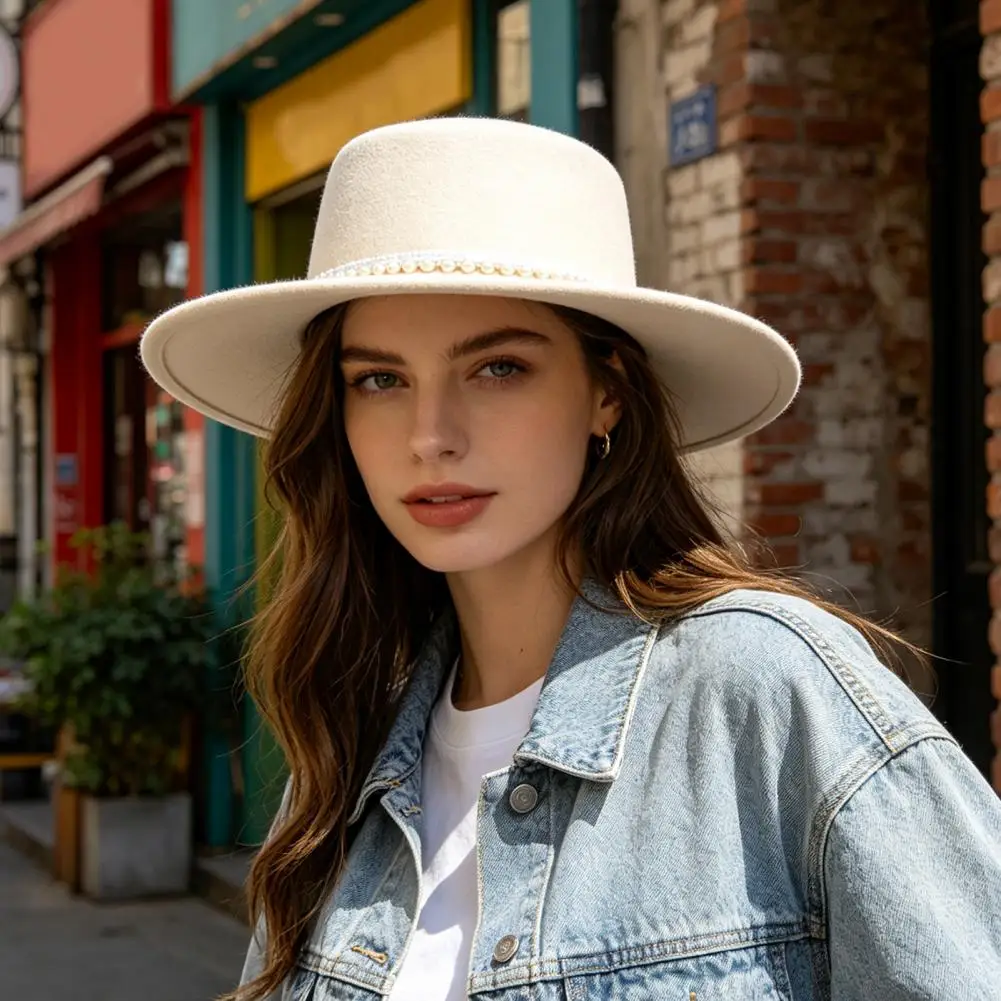 Formal Dinner Party Headpiece Wide Brim Wool Felt Hat for Women Vintage Flat Top Fedora with Faux Pearl Trim Elegant for Women
