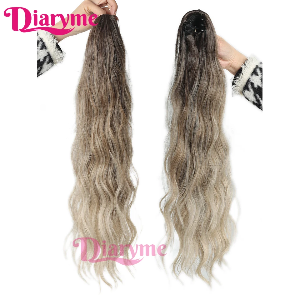 24inches Synthetic Claw Clip Ponytail Hairpiece Long Natural Wave Ponytail Hair Extensions Wig Ombre Brown Blonde Horse tail Fak