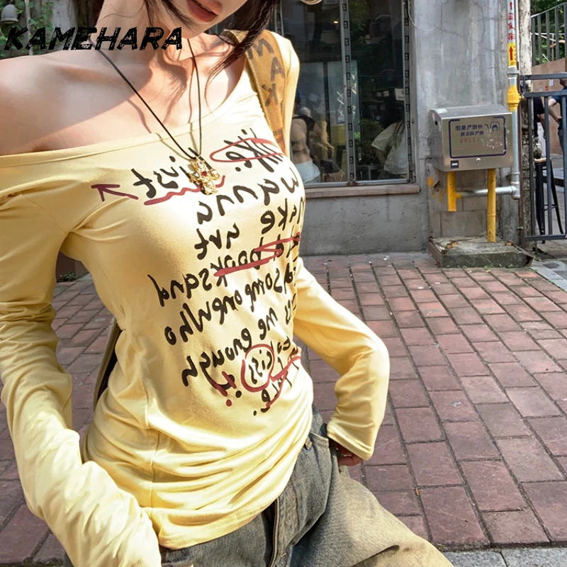 

KAMEHARA Grunge Aesthetics Letter Print Knitted Tops Vintage Gothic Long Sleeve T-shirt Wasteland Punk Distressed Top Trashy Y2k