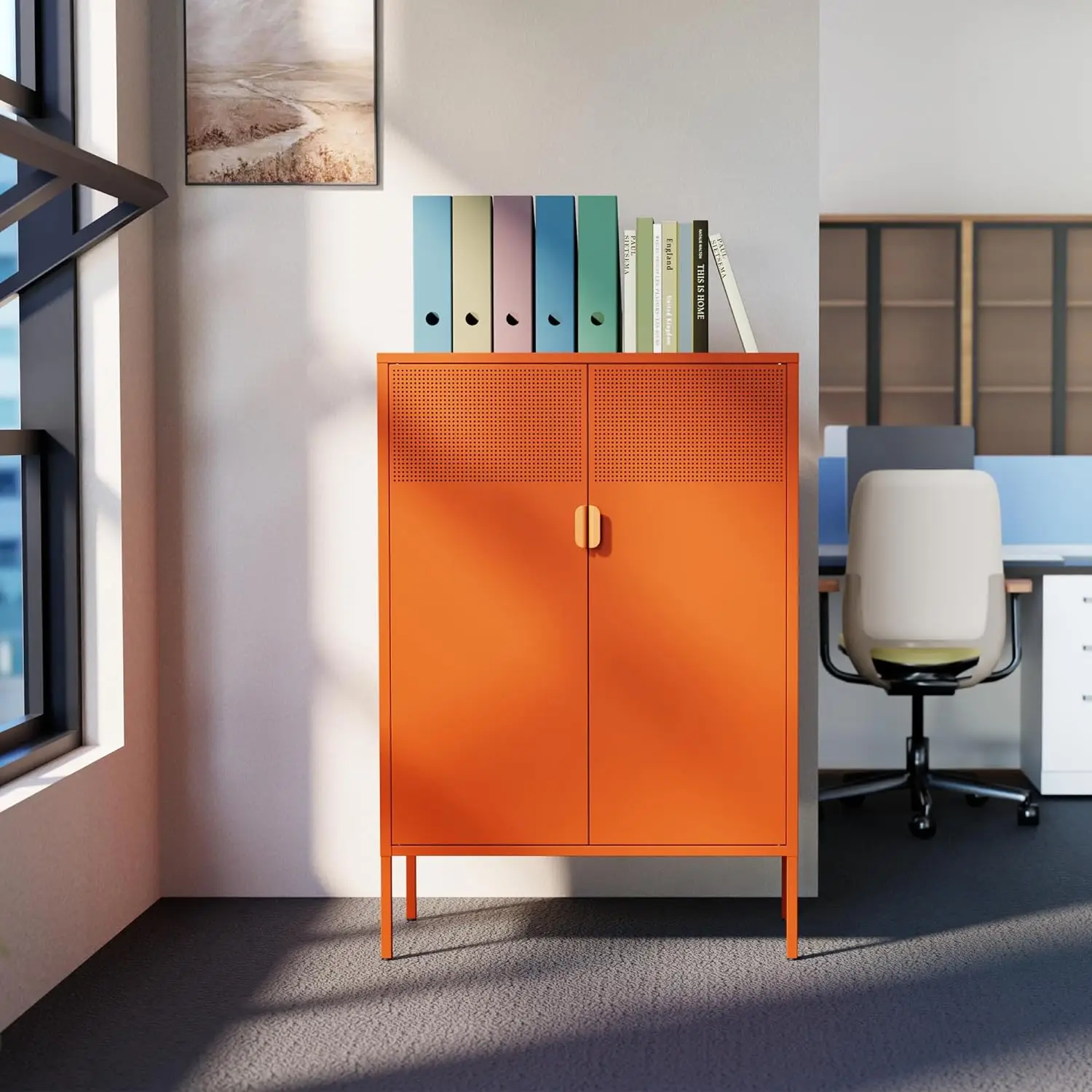 Steel lockers, adjustable laminates, side cabinets, shoe cabinets, lockers orange