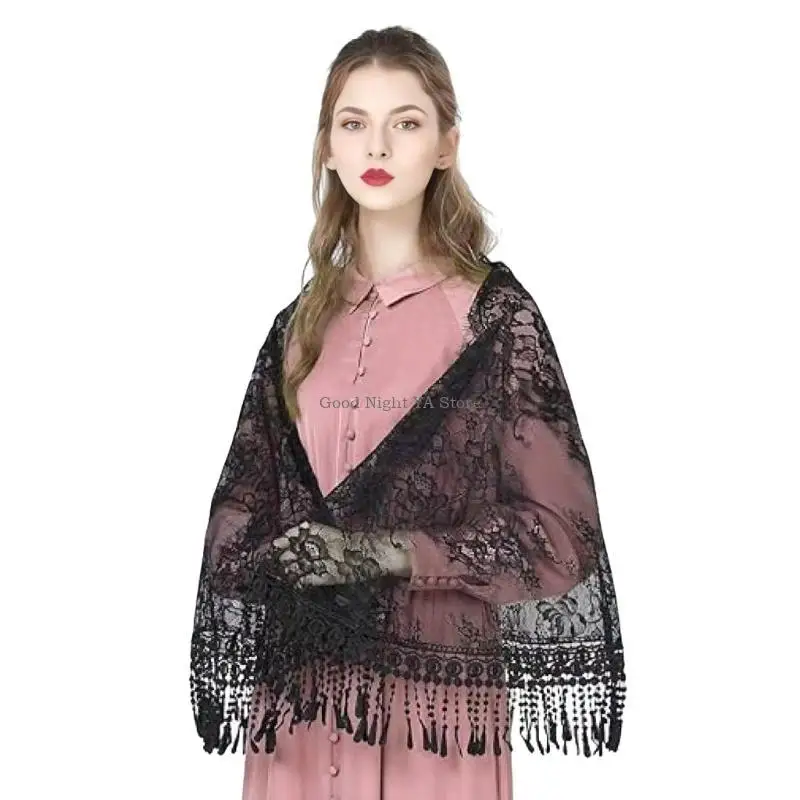 

Pray Shawl Mantilla for Ladies Lace Trim Shawl Tasseled Headwear Lace Scarf Veil