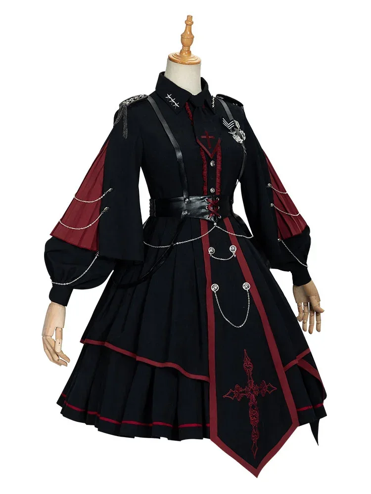 Military Style Lolita OP Dress 3 Pieces Set Black Long Sleeves Polyester Lolita Dress Outfit