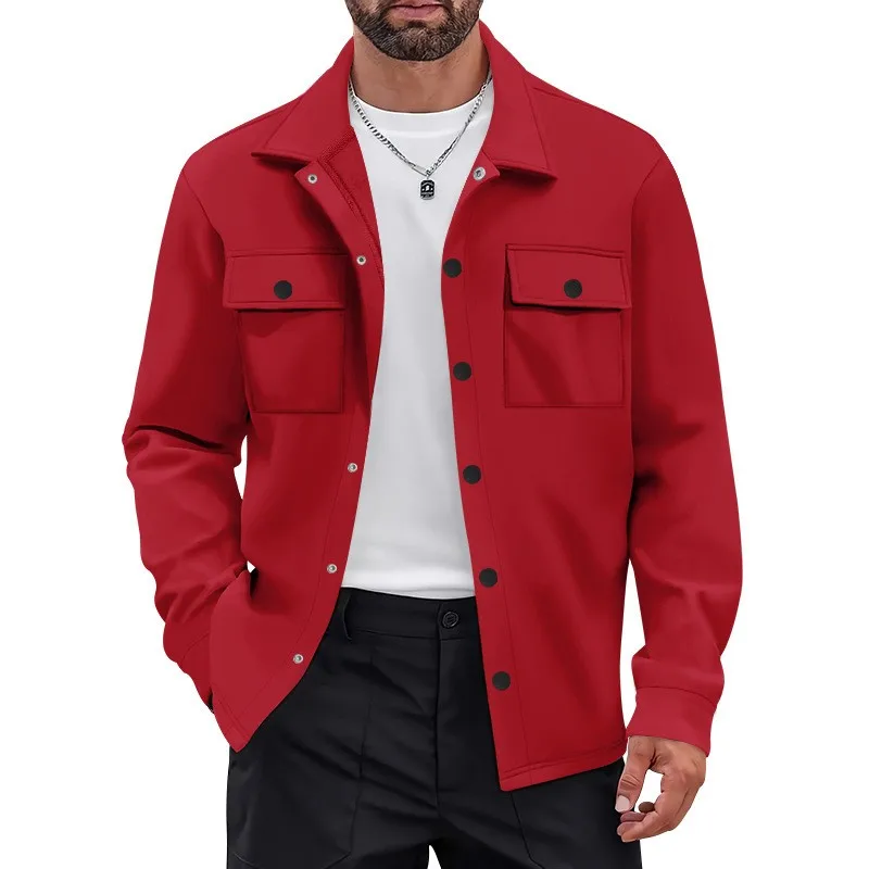 Men's Work Jacket Slim Fit Notched Collar Workwear Jacket Button Front Flap Pockets Casual Jacket Black Grey Shirt Jacket Long