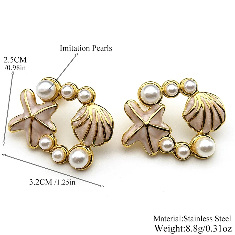 موضة شل نجم البحر وأقراط للنساء الذهب اللون الفولاذ المقاوم للصدأ تقليد اللؤلؤ الصيف الشاطئ هوب أقراط مجوهرات #6