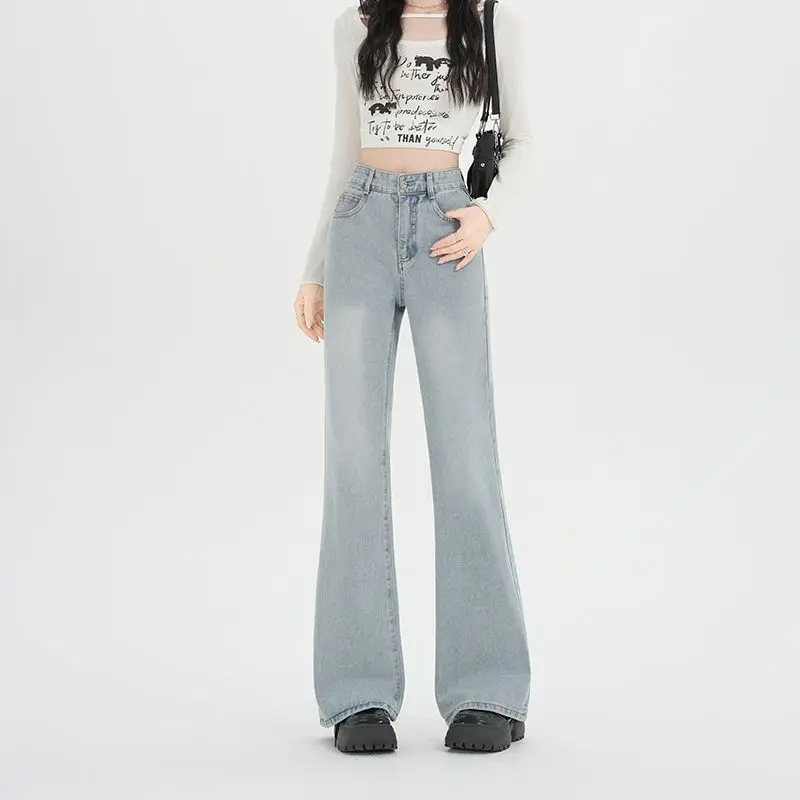 

Светло-голубые джинсы женские с высокой талией, широкие штанины, уличный стиль, весенние, ретро, с эффектом потертости, в стиле Ins, модные, классические, универсальные брюки