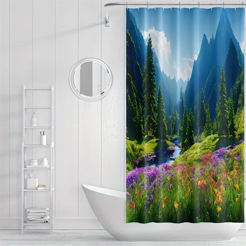 Oversized Waterproof Shower Curtain with Natural Landscape & Floral Design - Machine Washable, Privacy Window Panel Included - P