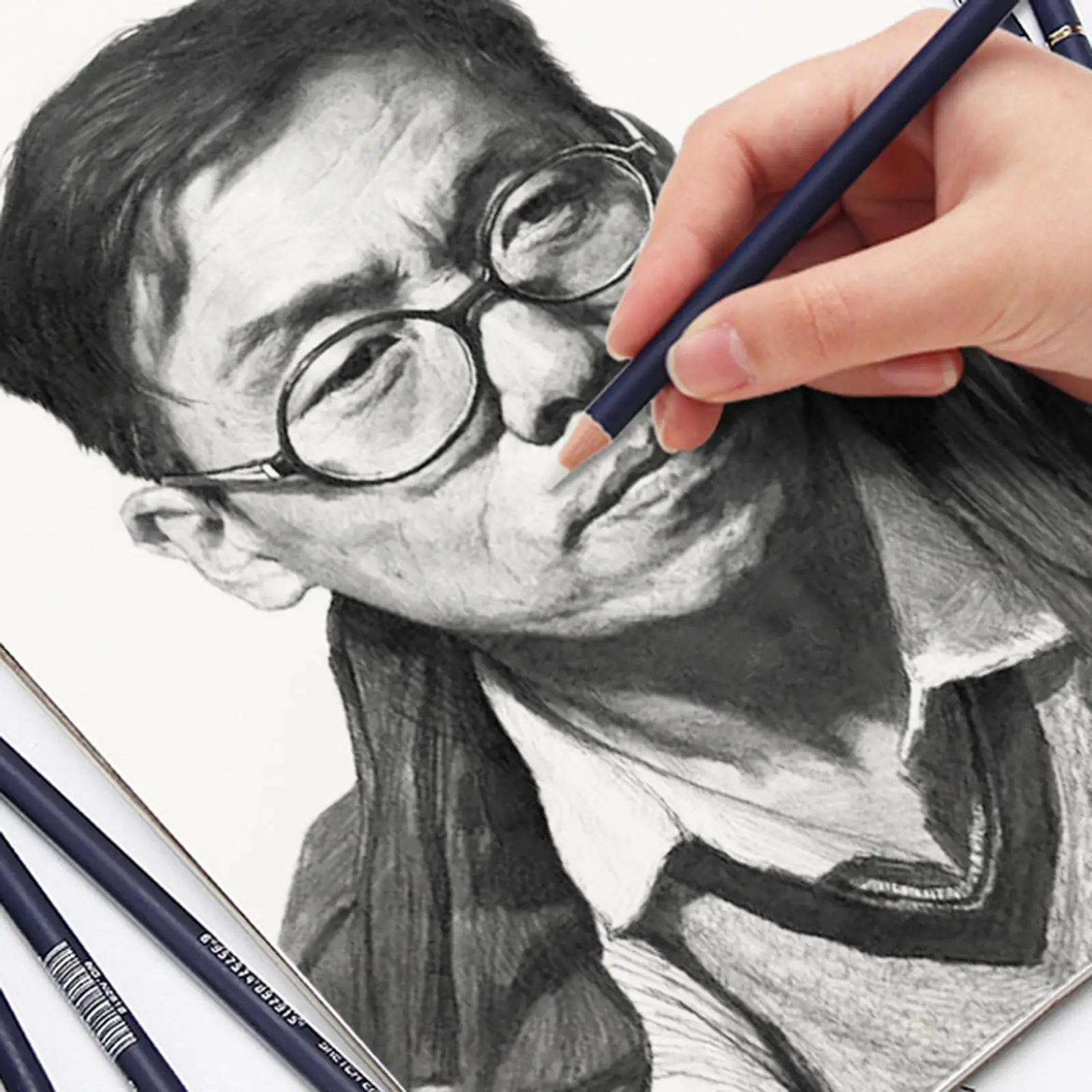 6pcs Pencil Shape Eraser+Brush Sketching High Gloss Pen Eraser Art Drawing Painting Supplies