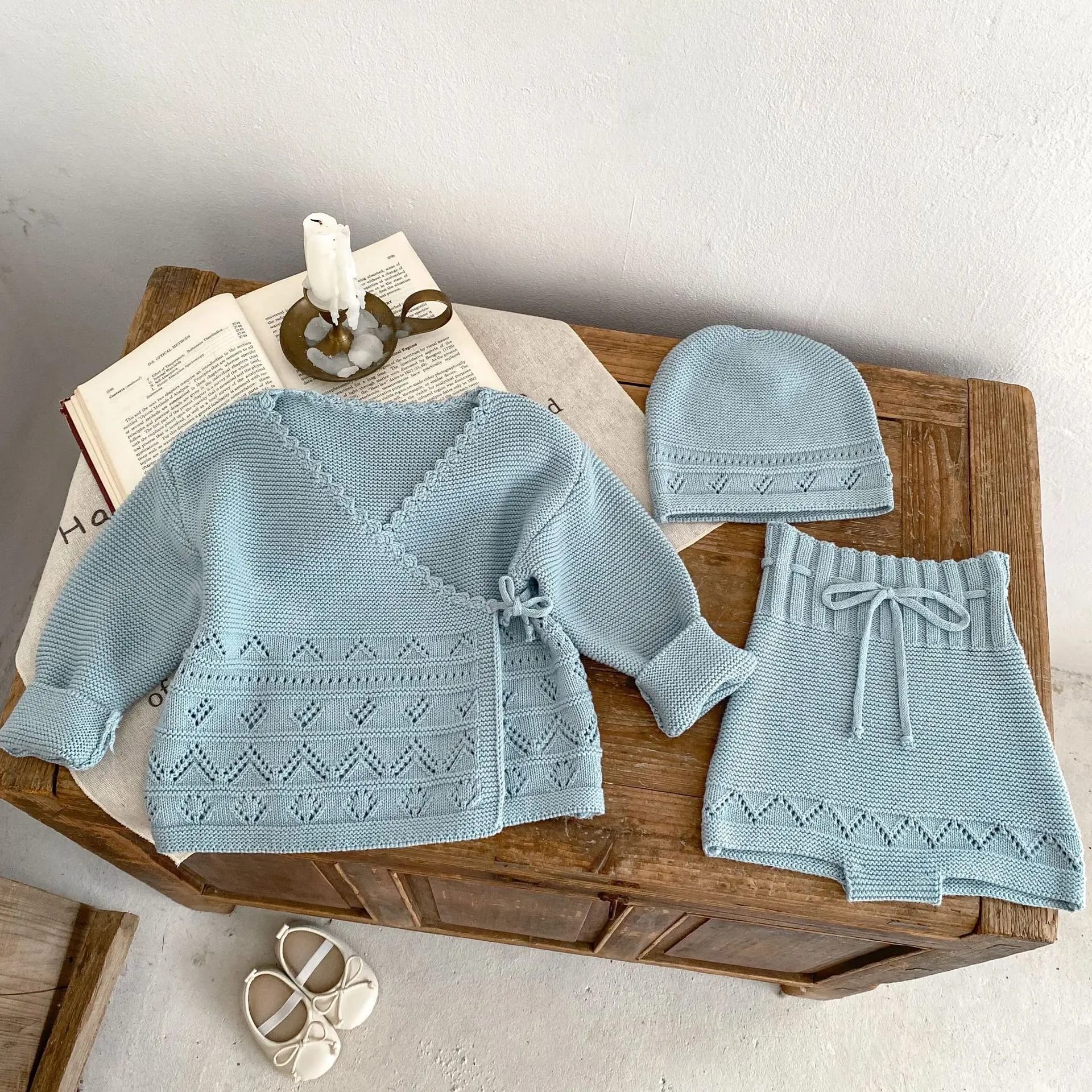 2024 Spring Autumn Baby Girls 3PCS Clothes Set Cotton Knitted Long Sleeve Coat Lace-up Shorts Hat Suit Toddler Girls Outfits