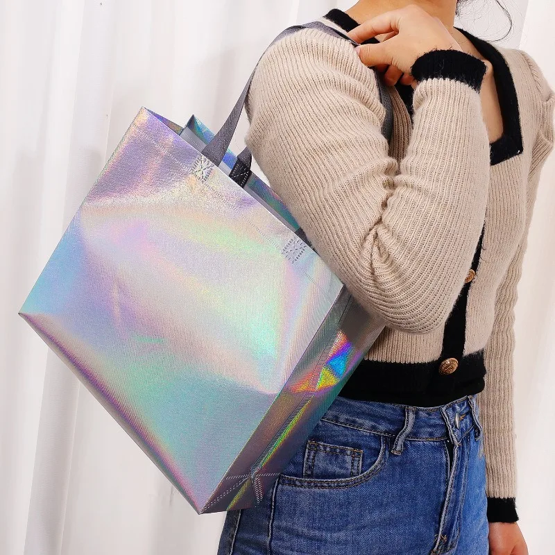 Iridescent Gift Bags Laser Rainbow Tote Bag Holographic Gift Packaging Reusable Shopping Handle Bag for Wedding Birthday Party