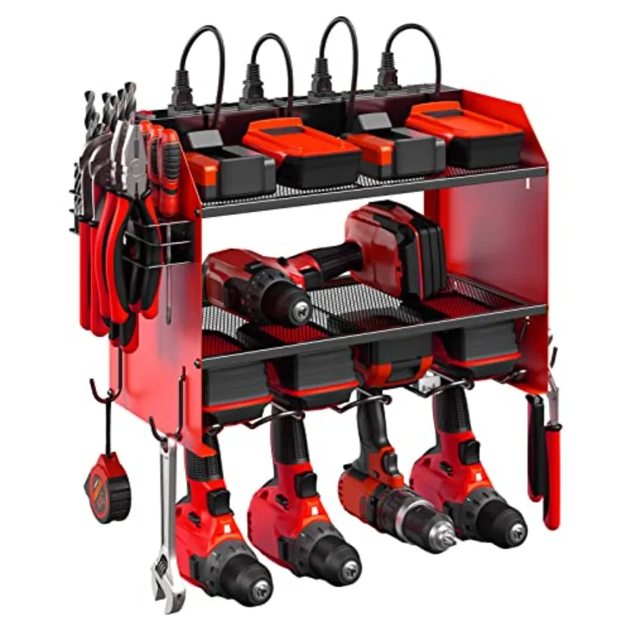 

Modular Power Tool Organizer Wall Mount with Charging Station. Garage Drill Storage Shelf with Hooks Heavy Duty Rack Tool Batte
