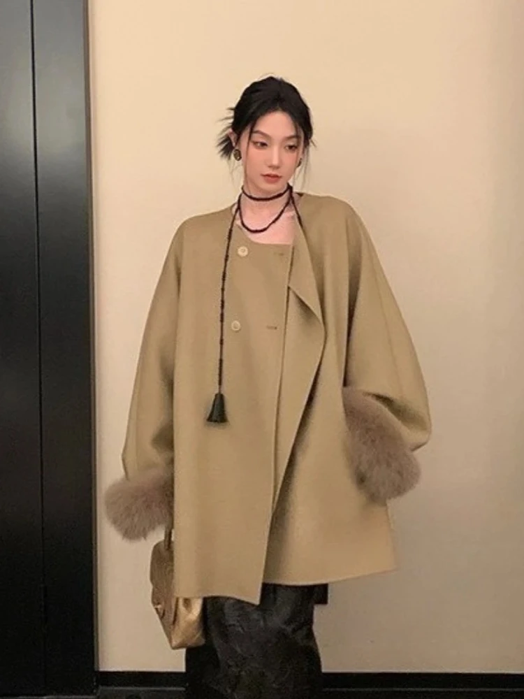 2025 nouveau automne hiver vêtements femmes mi-long col rond véritable fourrure de renard manchette laine veste femme ample chaud cachemire laine manteau