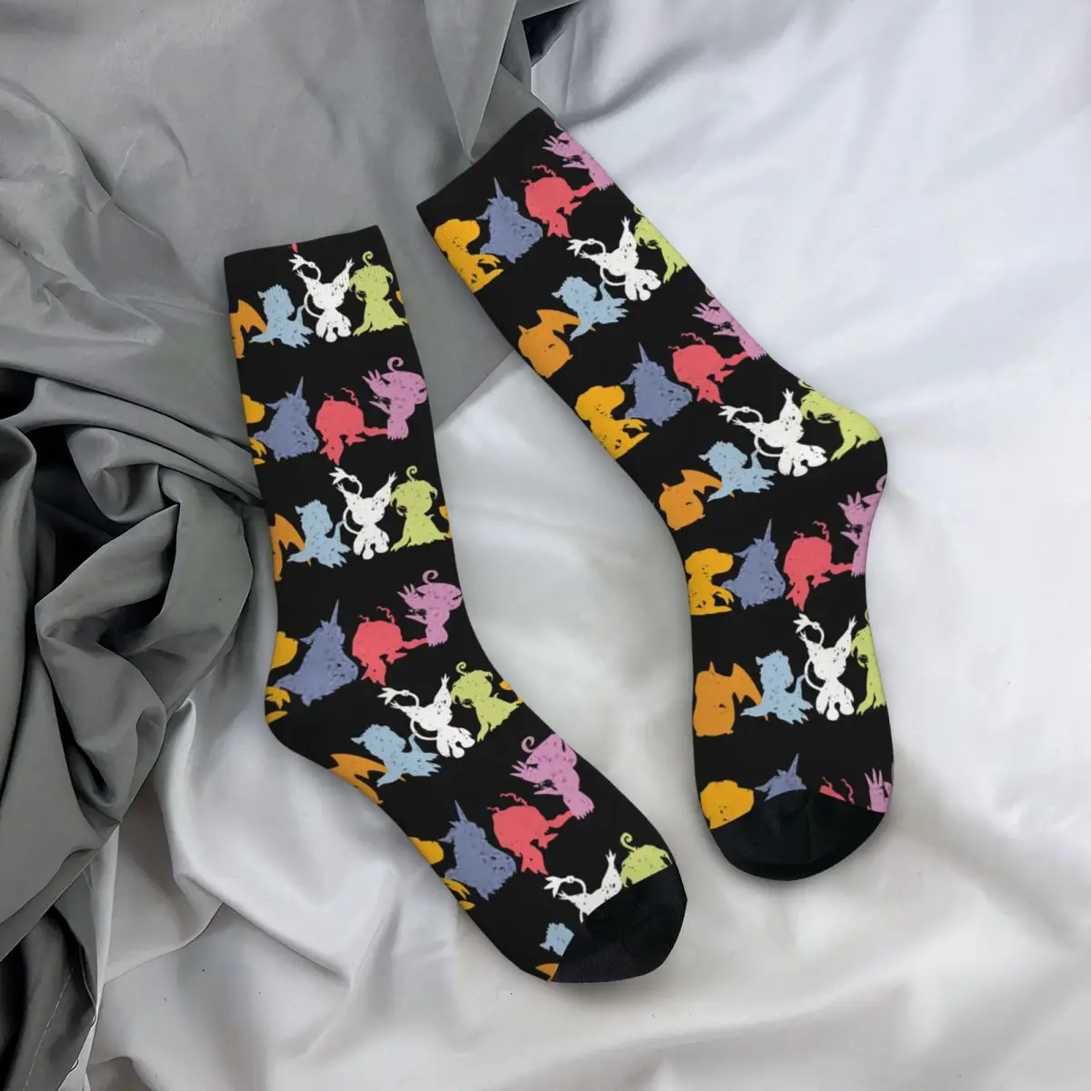 Funny Crazy Sock for Men Rookies Lineup Hip Hop Harajuku Digital Monster Digimon Anime Seamless Pattern Printed Boys Crew Sock