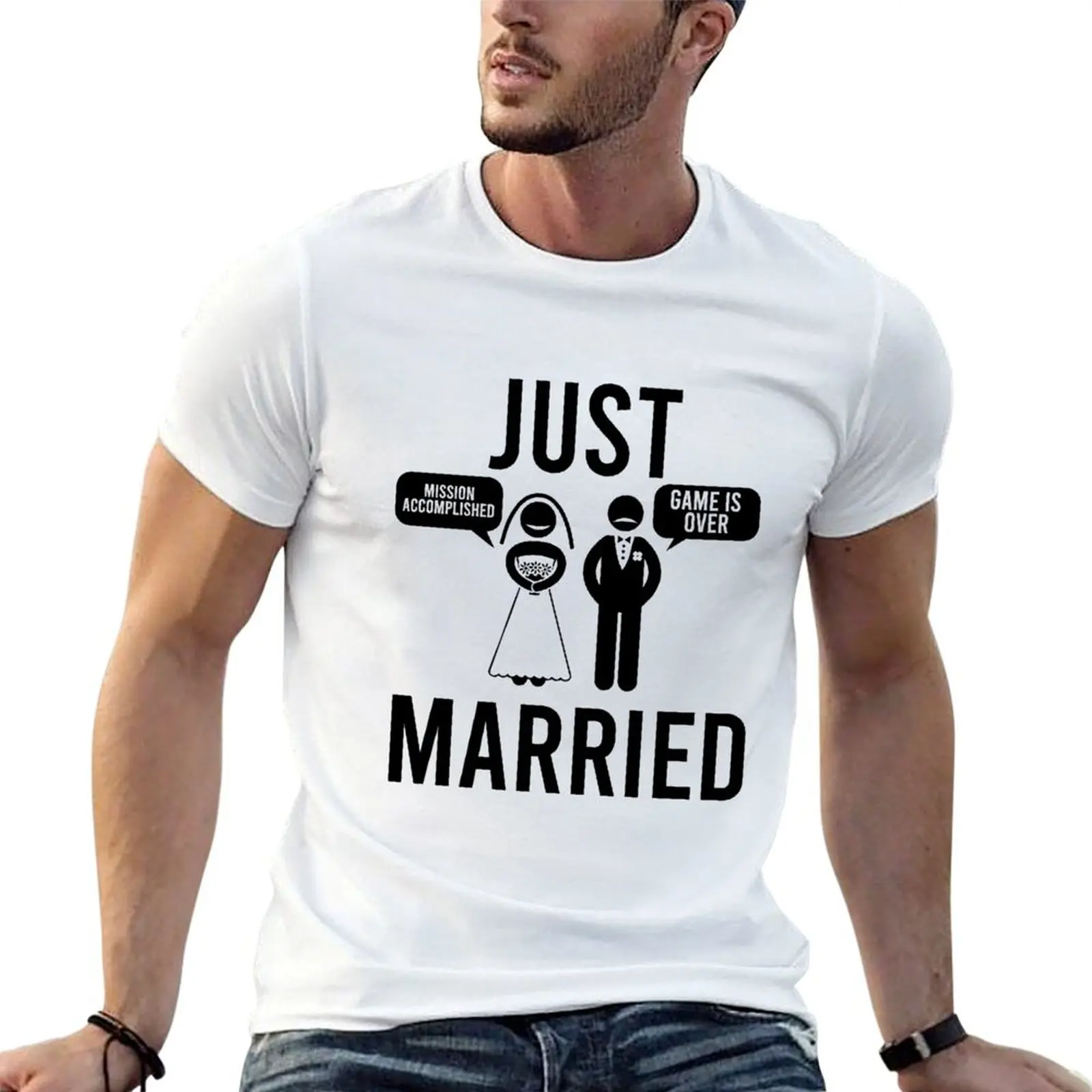 T-shirt de sport à manches courtes pour la course à pied et la gym, avec inscription « Just Married Mission Accomplished Game Is Over »