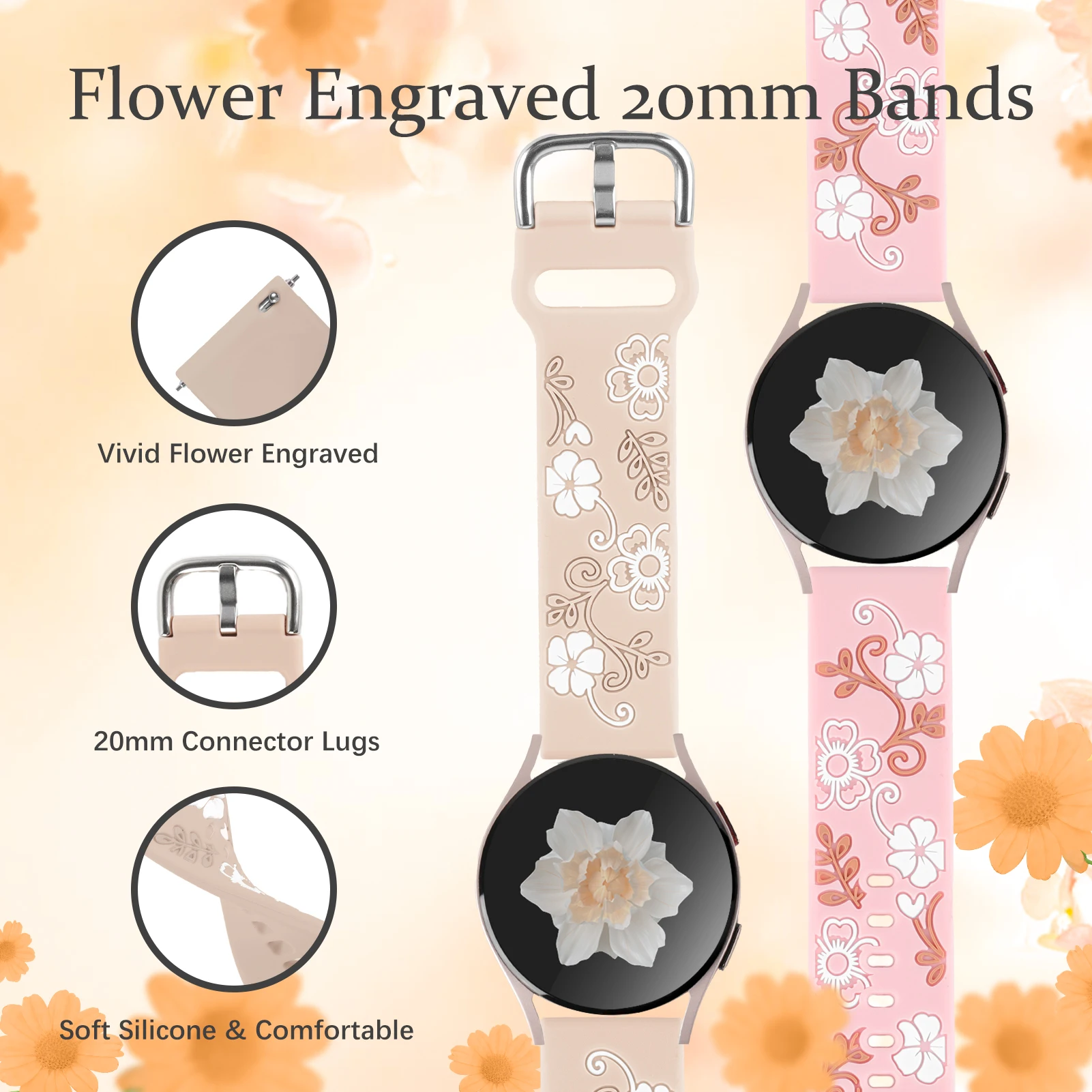 삼성 갤럭시 워치 7/FE/6/4/클래식/5/프로/3/액티브 2용 20mm 시계줄, 꽃무늬 각인 팔찌, 화웨이 gt 3 2 2e 42mm 밴드