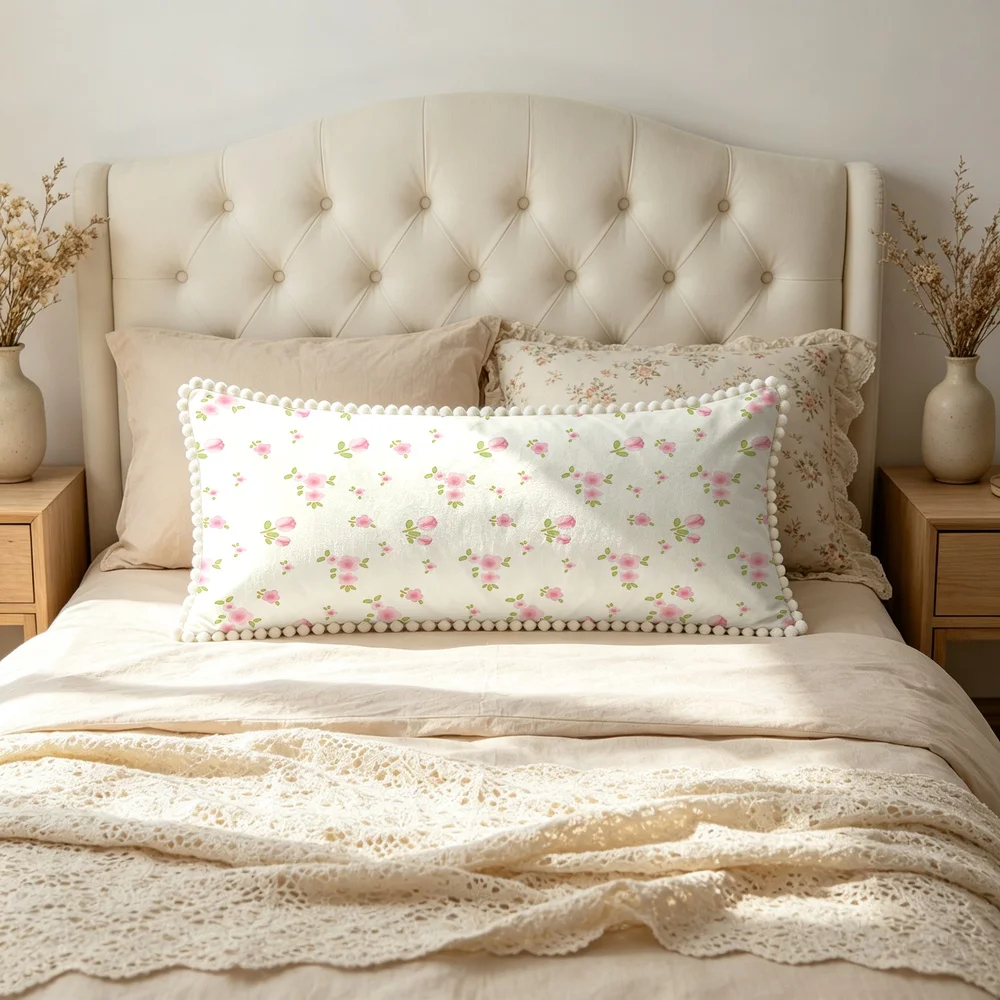 1PC Nude Pink Background with Red Pink Small Roses and Green Leaves, English Country Vintage Floral Long Pillow Cover with Pom