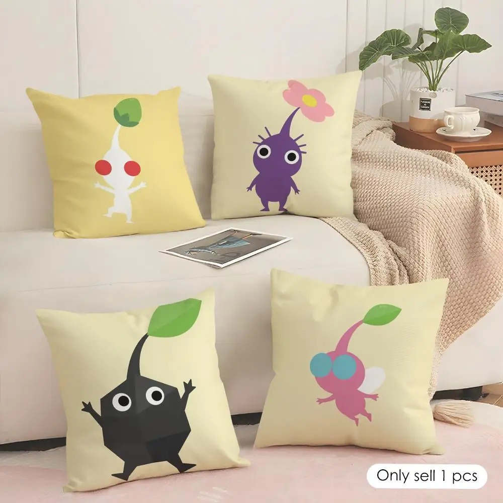 Cartoon P-PIKMINS Cushion Cover Silky Short Plush Sofa Pillow Cover Hidden Zipper Soft Dustproof Case for Home Decor