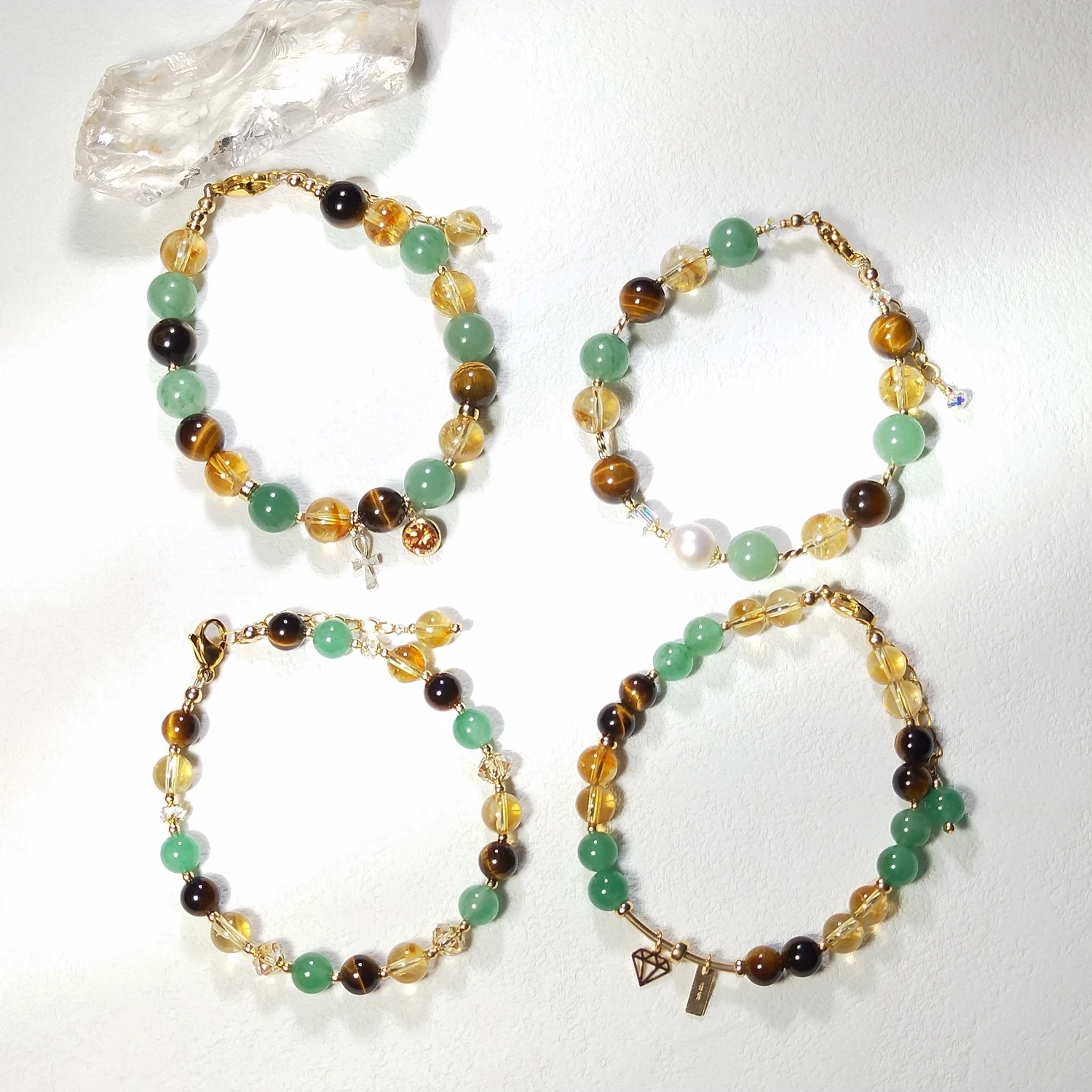 Lii Ji Natural Citrine Tiger's Eye Green Aventurine 6mm/8mm American 14K Gold Filled Charms Handmade Bracelet