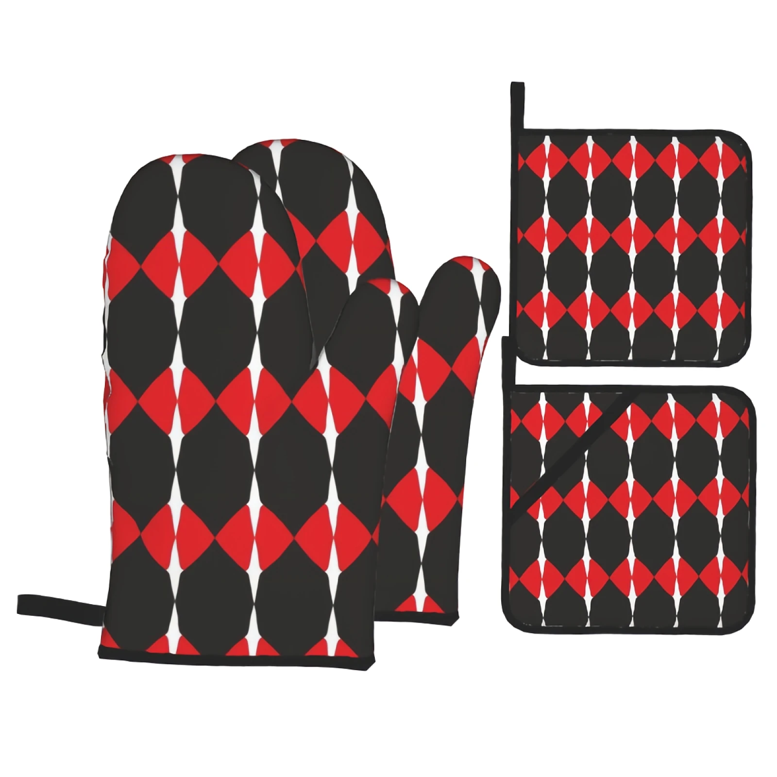 Red And Black Geometric pattern 4PC Oven Mitts and Pot Holders Sets for Cooking Baking Grilling