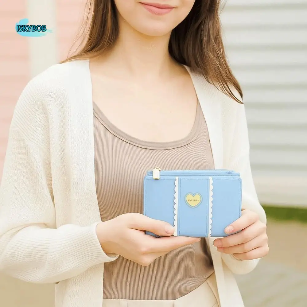 Elegancki damski portfelik z krótkim zamkiem, wzór serca, skóra PU, składany, biznesowy, w kolorze cukierkowym, wodoodporny, na karty bankowe/identyfikacyjne/kredytowe, dla kobiet.
